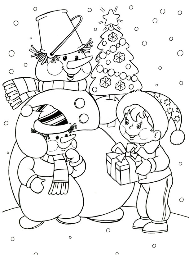 Раскраска для детей снеговик.