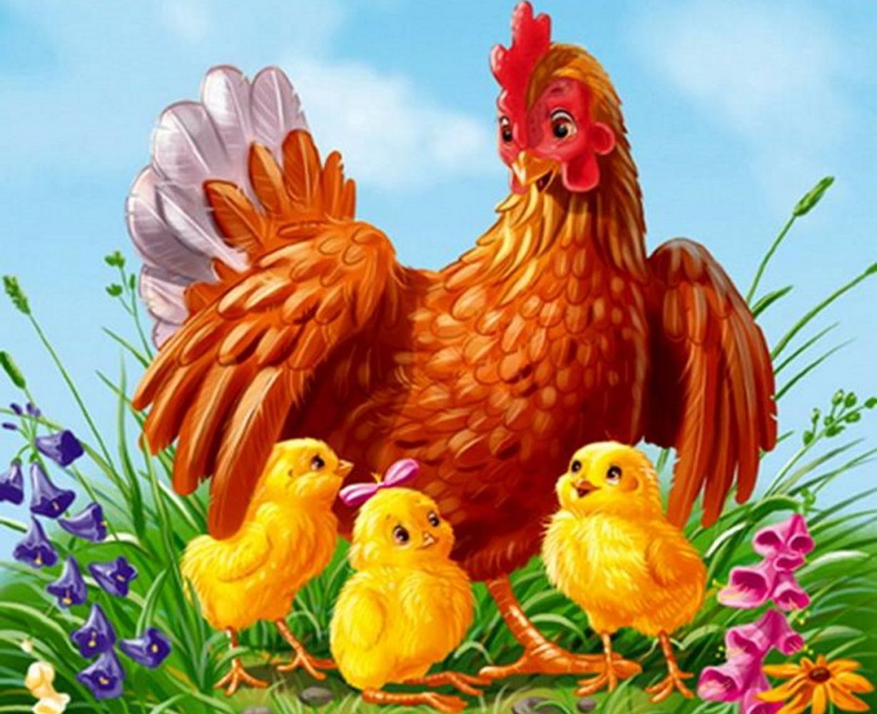 Милая открытка курочка с цыплятками