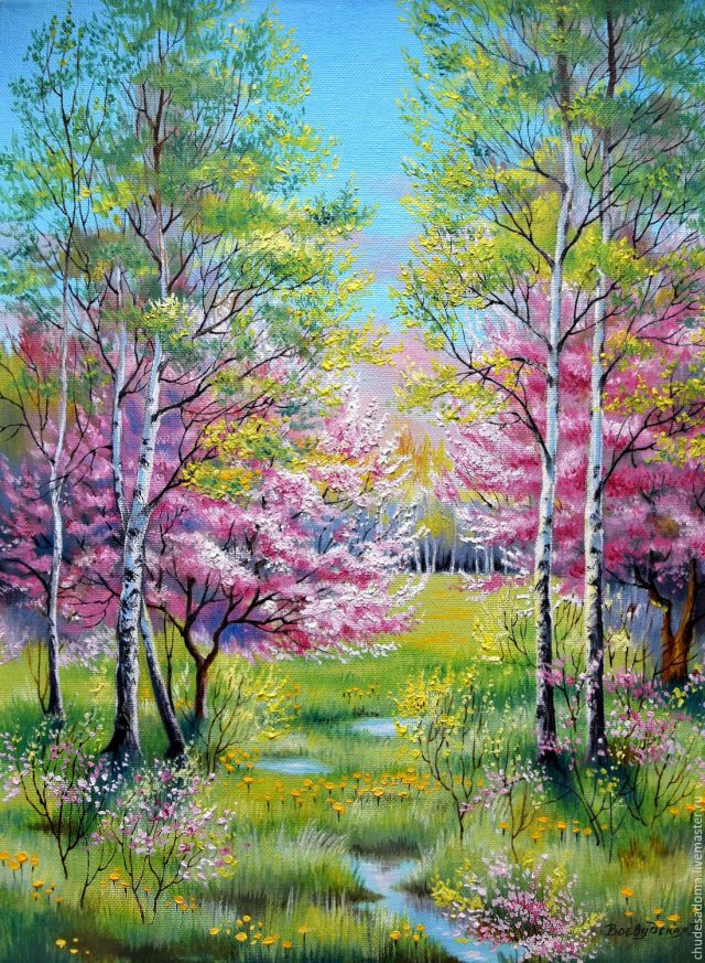 Рисунок красками весенний лес.