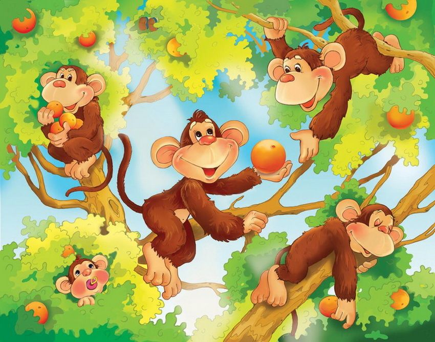 Красивая открытка обезьянки с яблоками