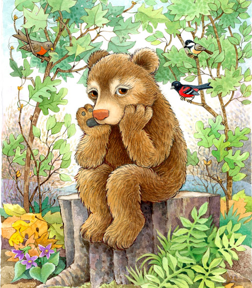 Милая открытка медвежонок на пеньке
