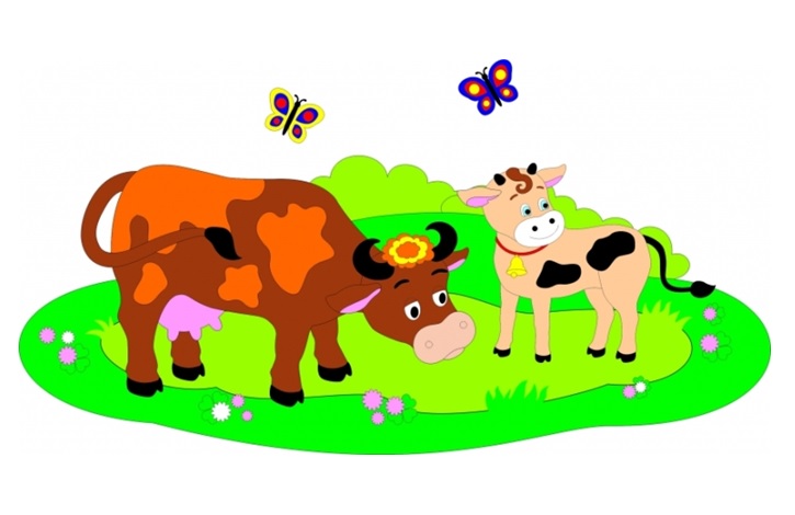 Яркая открытка корова и теленок