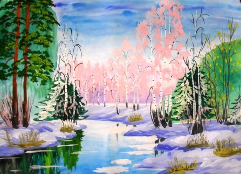 Рисунок красками весенний лес.