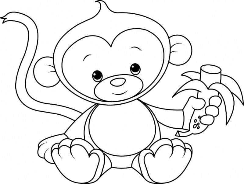 Раскраска картинка маленькая обезьянка с бананом