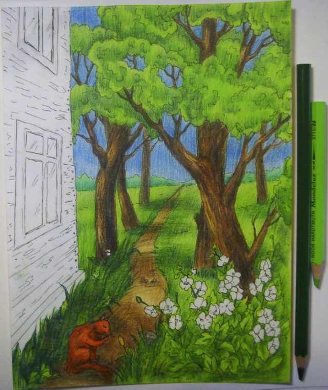 Рисунок карандашом весенний пейзаж.