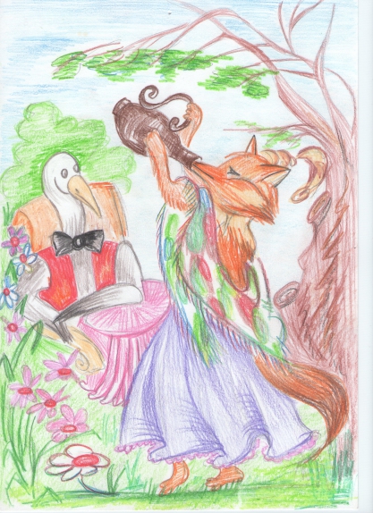 Рисунок цветными карандашами «Лиса и журавль».
