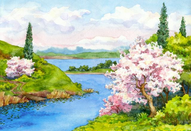 Рисунок красками весенний пейзаж.