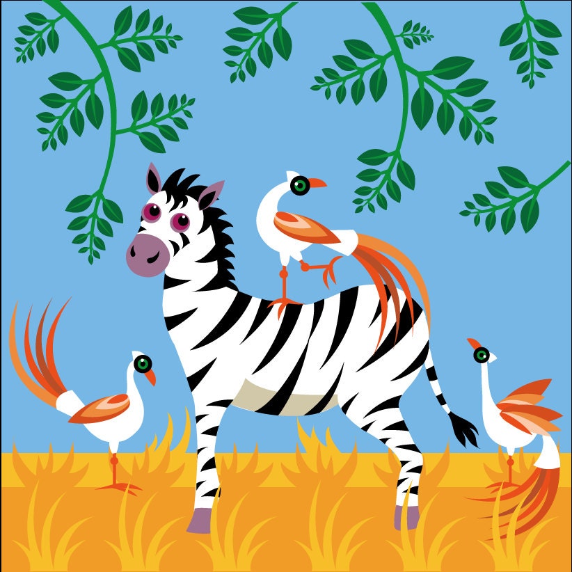 Картинка зебра с птичками