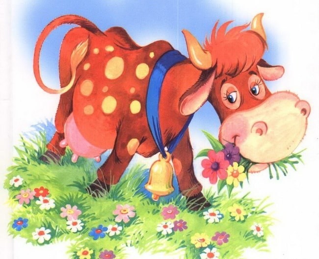 Милая открытка корова на лугу