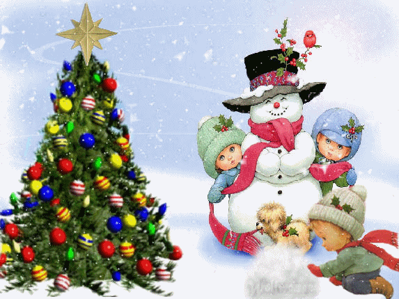 Радостные ребятишки и снеговик