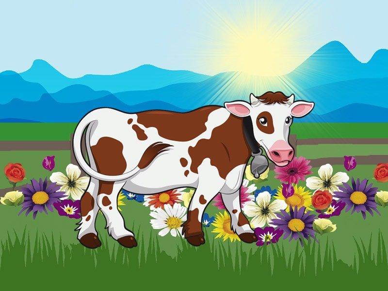 Яркая картинка корова с цветами