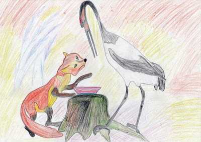Рисунок карандашом «Лиса и журавль».
