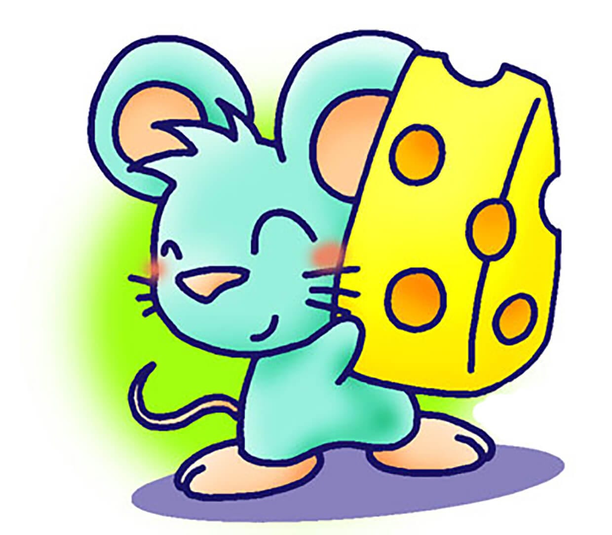Открытка голубая мышка с сыром