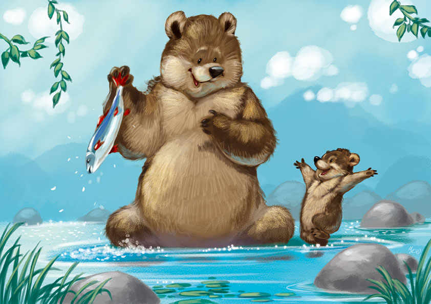 Красивая открытка медведь с рыбкой