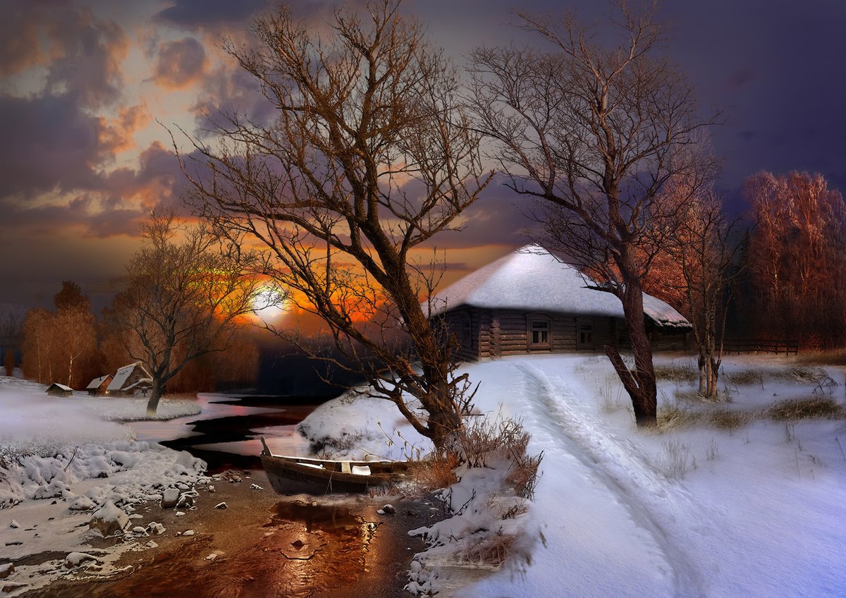 Открытка прелестная зимний вечер в деревне