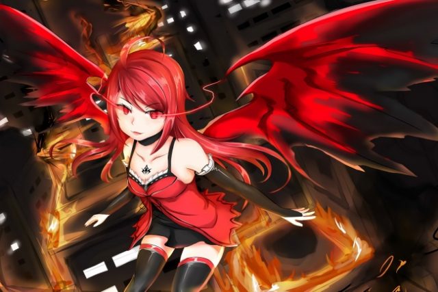 Девушка аниме с красными крыльями.
