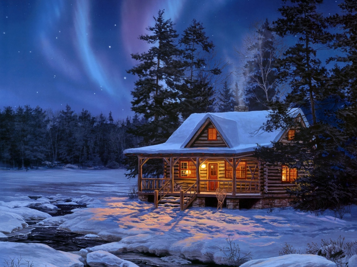 Волшебная картинка домик зимним вечером