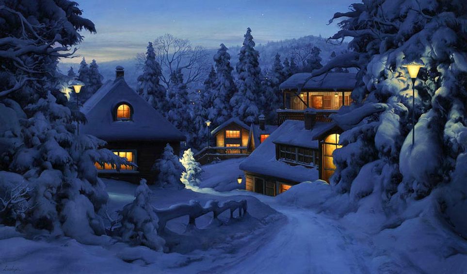 Очаровательная открытка деревня зимним вечером