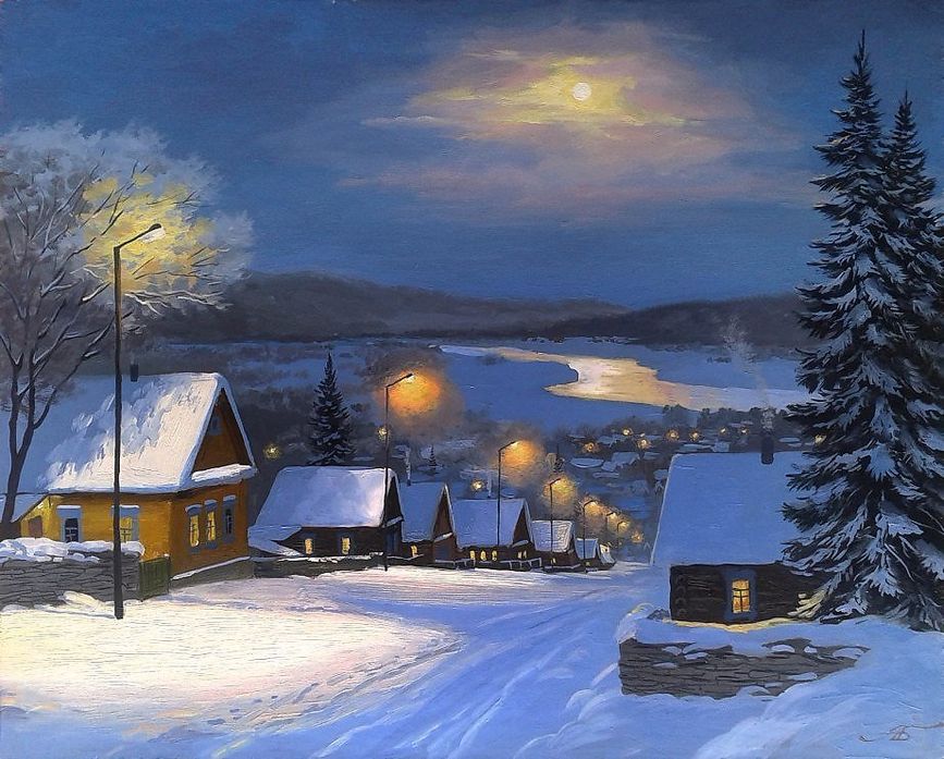 Прелестная открытка зимняя деревня вечером