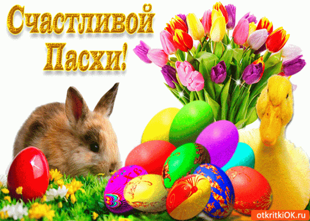 Кролик, цветы, пасхальные яйца.