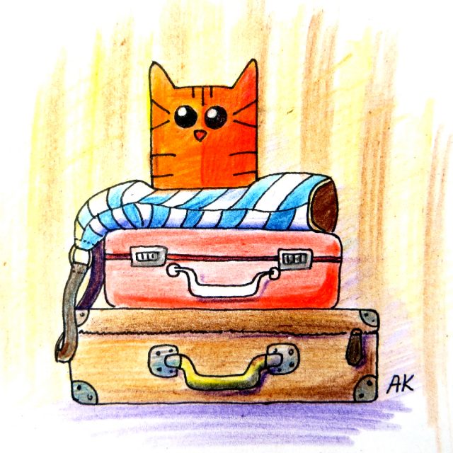 Нарисованный кот на чемоданах.