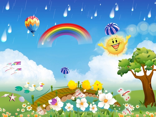 Детская картинка, солнце, дождь, радуга.
