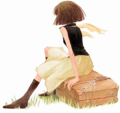 Нарисованная девочка сидит на чемодане.