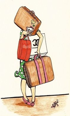 Нарисованная девушка с чемоданами.
