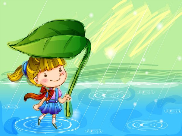 Девочка прячется от дождя под листиком