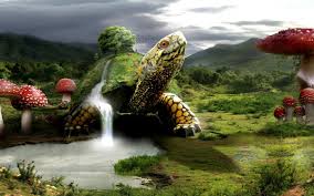 Огромная черепаха с водопадом.
