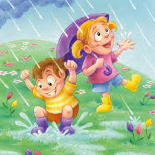 Дети играют под дождем.