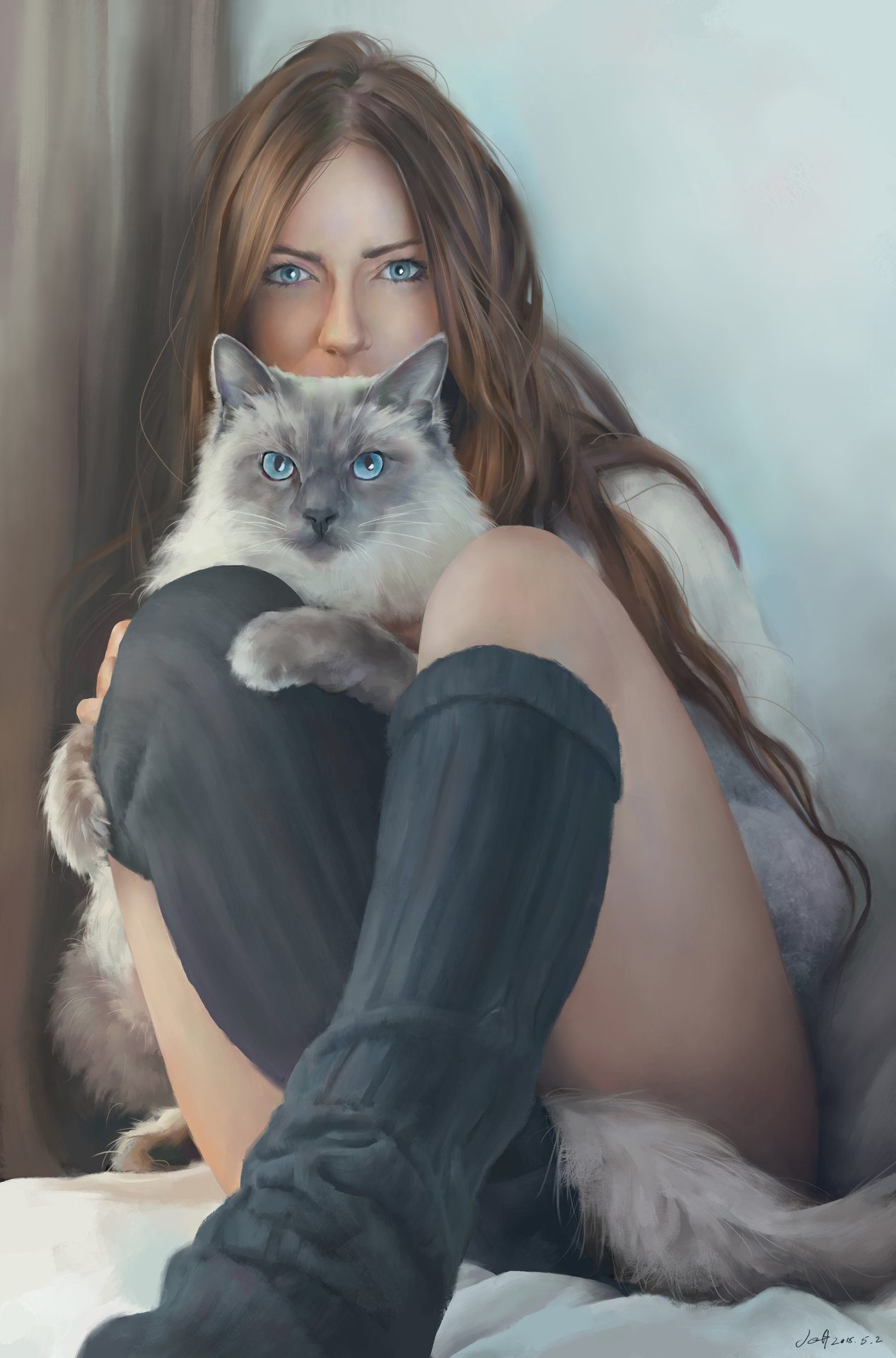 симпатичная девушка и кот