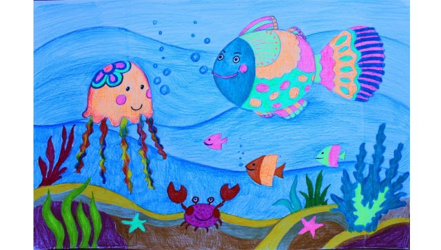 Медуза и рыба рисунок.