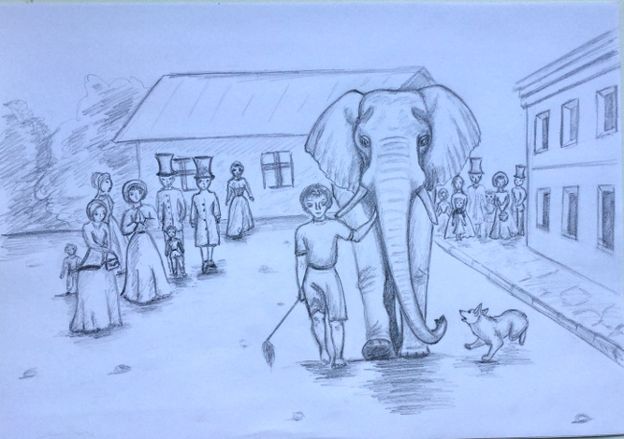 Слона ведут по улице