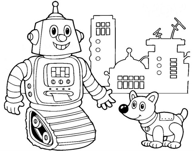 Гусеничный робот и собака - раскраска для детей.