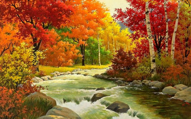 Нарисованная картина осенний лес, водопад.