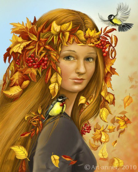 Нарисованная девушка в венке из листьев.