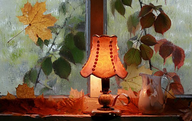 Дождь, окно, лампа, листья.