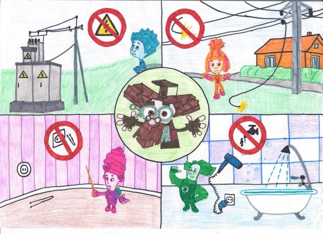 Детский рисунок «Фиксики — за безопасное электричество!».