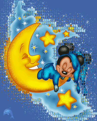 Гифка Микки Маус спит на луне.