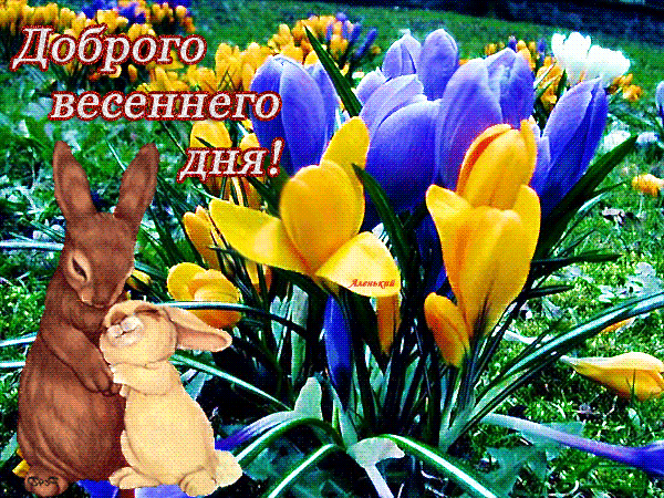 Красивая анимированная открытка с зайчиками и цветами.