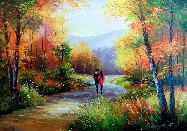 Нарисованная картина влюбленная пара в лесу.