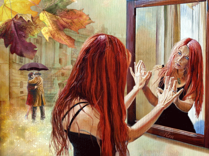 1. Прикольная осенняя гифка девушка у зеркала
