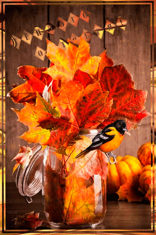 15. Гифка с пожеланием тёплого Октября с красивым букетом осенних листьев в вазе!