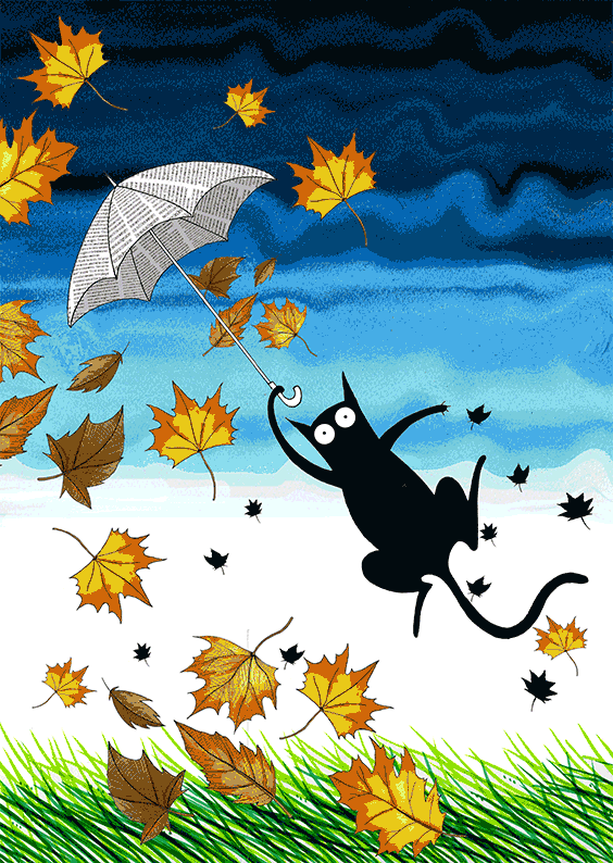 Доброе утро ветер. Осенний день мультяшные. Веселая осень. Кот с зонтиком осень. Кот осень дождь.