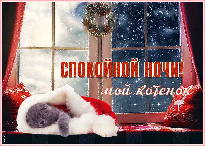 2. Зимняя гиф картинка с пожеланием спокойной зимней ночи для котёнка!