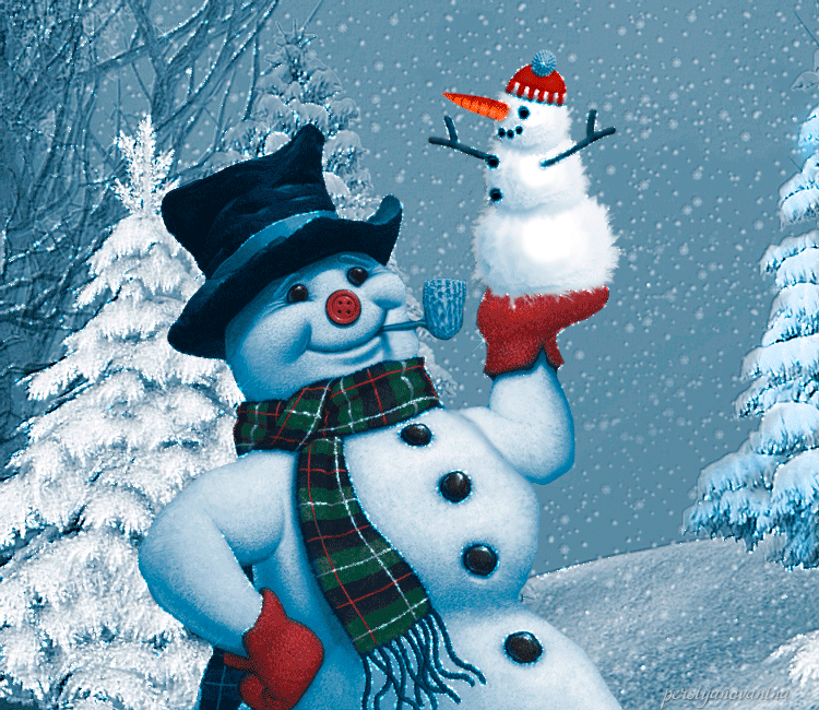 1. Красивая мерцающая гиф картинка со снеговиками!