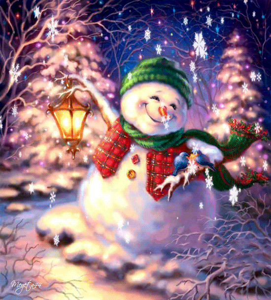7. Красивая блестящая гифка со снеговиком в вечернем зимнем лесу