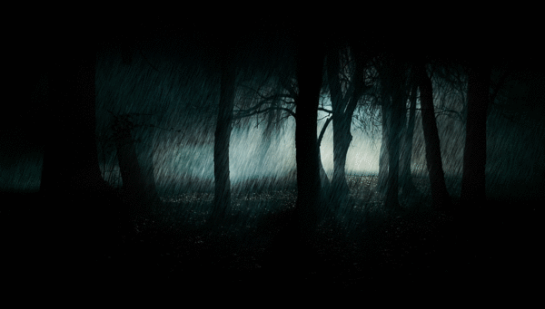 19. Картинка проливной дождь в ночном лесу