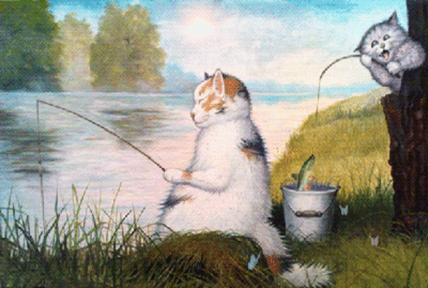 10. Милая gif картинка два кота на рыбалке